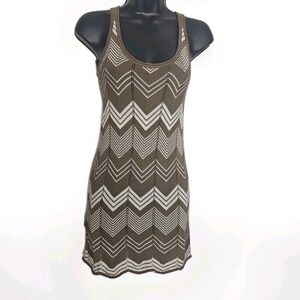 BCBGMaxAzria Tan and Cream Zigzag Midi Dress silk blend